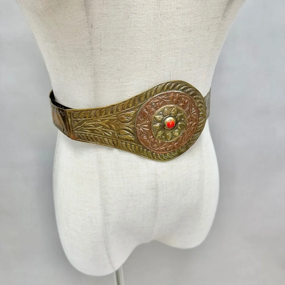 Vintage Brass & Copper Etched Metal Belt  Red Cabochon Centerpiece Made in India